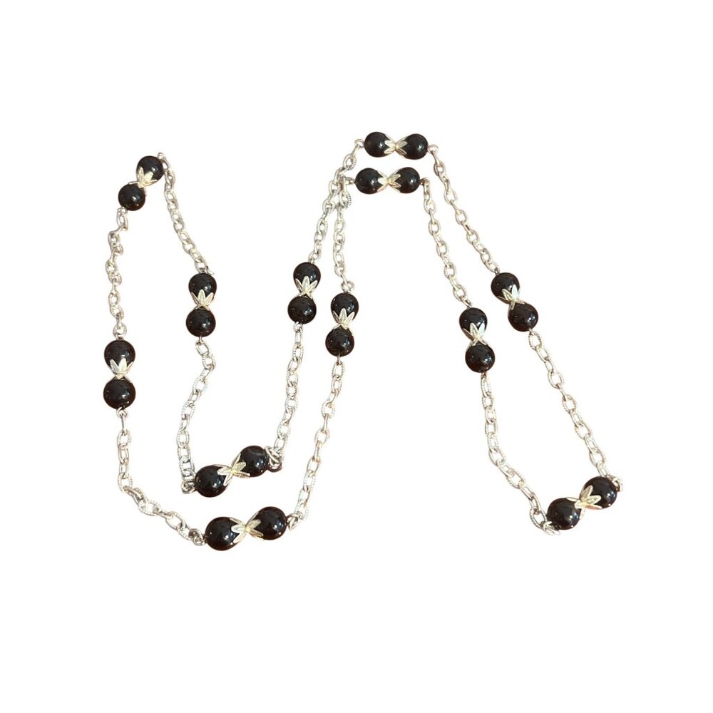 Vintage Silver Tone Chain Necklace Black Glass Beads Leaf No Clasp Estate 36"